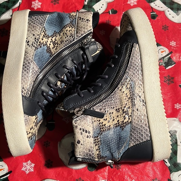 Men's Snakeskin-embossed Leather Double Zip High-top Sneakers - Picture 2 of 8